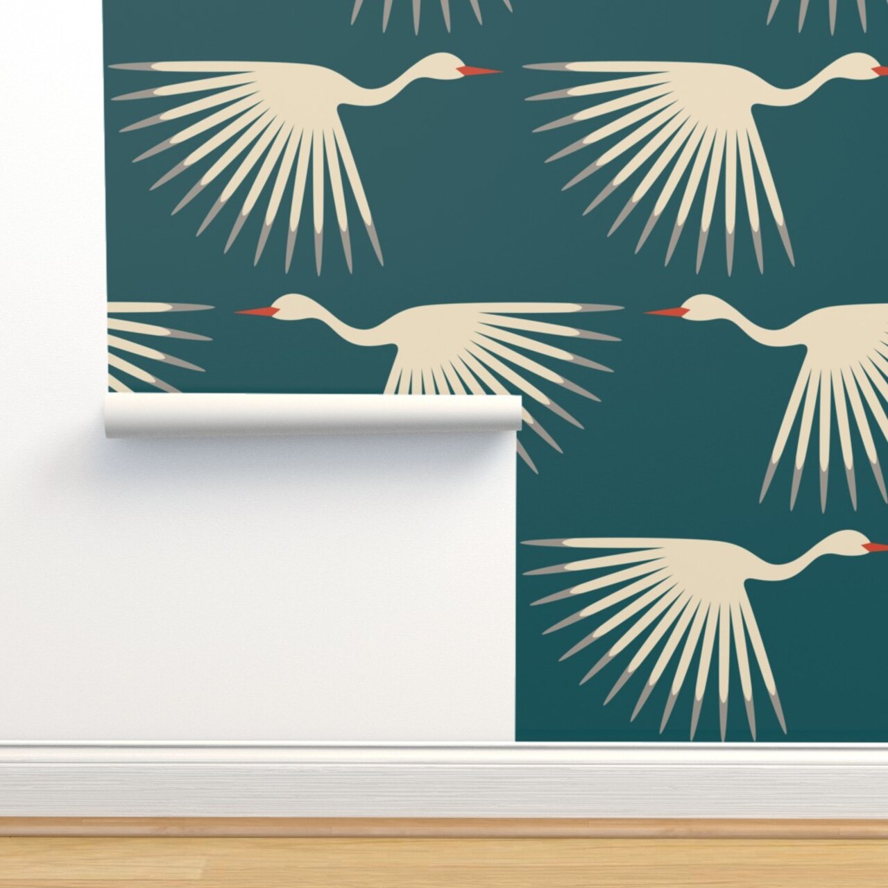Birds Teal Art Deco Crane Fly Long Neck Wings Sunburst Animal Swan Feather Flair Cream Teal Orange Migration Modern Graphic Air Sky Flock Custom Removable Wallpaper by Spoonflower Peel & Stick Wallpaper 2FT Wide